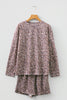Khaki Leopard Ribbed Long Sleeve Top Drawstring Shorts 2pcs Outfit