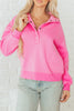 Bright Pink Half Button Stand Neck Drop Shoulder Sweatshirt