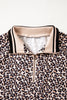 Brown Leopard Print Half Zip Striped Trim Patchwork Short Sleeve Top