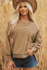 Dark Khaki Fuzzy Sherpa Splicing Pullover Sweatshirt with Side Slit