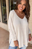 Black Waffle Knit Side Slits Loose Fit V Neck Top