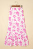 Rose Boho Floral High Waist Ruffle Split Maxi Skirt