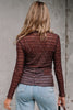 Coffee Sheer Mesh Patterned Lettuce Trim Slim Long Sleeve Top