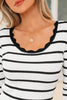 Black white Scalloped Trim U Neck Striped Ribbed Slim Sweater