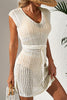 Beige Open Knit Drawstring Waist Beach Dress