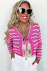 Pink Stripe Crochet Scalloped Trim Lace-up Front Cropped Cardigan