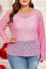 Pink Plus Size Bow Embroidered Mesh Long Sleeve Top