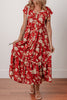 Red Floral Print Buttoned Front V Neck Tiered Short Sleeve Midi Dress