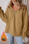 Parchment Fleece Lined Half Zipper Kangaroo Pockets Loose Hoodie