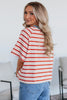 Tomato Red Stripe Print Contrast Collar Raglan Sleeve T Shirt