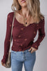 Burgundy Notched Neck Floral Print Ribbed Long Sleeve Top