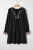 Black Plus Size Notched Neck Leopard Trim Flounce Long Sleeve Shift Dress