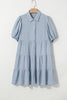 Beau Blue Shirt Collar Button Up Short Puff Sleeve Tiered Shift Dress