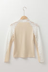 Beige Floral Lace Patchwork Long Sleeve High Neck Slim Top