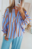 Black Stripe Crinckled Ruffled Sleeve Button up Loose Shirt