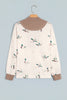 Beige Wild Mallard Print Color Block Patchwork Zip Neck Tunic Top