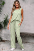 Smoke Green Textured Tank Top and Drawstring High Waist Pants Set
