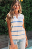 Sky Blue Stripe Split V Neck Collared Ribbed Sweater Vest