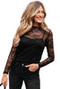 Black Lace Crochet Mesh Patched Slim Fit Long Sleeve Top