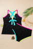 Black Floral Textured Neon Trim V Neck Crisscross Backless Tankini Set