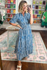 Blue Geometric Print Short Sleeve Drawstring Shirt Collar Dress