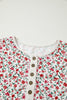 Red Floral Print Gauze Patchwork Henley Button 3/4 Sleeve Blouse