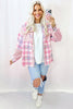 Pink Brushed Plaid Corduroy Flap Pockets Patchwork Shacket