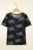 Black Bow Printed Mesh Short Sleeve Top
