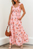 Pink Floral V Neck Smocked High Waist Ruffle Hem Long Dress