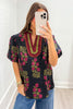 Black Floral Short Bubble Sleeve Contrast Slit Neckline Blouse