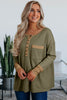 Vineyard Green Color Block Waffle Textured Tunic Henley Top with Slits