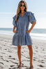 Dusk Blue Ruffled Collared Side Pockets Puff Sleeve Denim Mini Dress