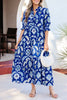 Blue Wild Floral Print Frilled Collar Half Sleeve Long Dress