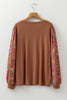 Brown Floral Sleeve Patchwork Round Neck Plus Blouse