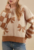 Straw Yellow Ribbon Bow Print Checkered Striped Sleeve Drop Shoulder Sweater
