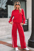 Fiery Red Varsity Striped Detail Crewneck Pullover Elastic Sweatpants 2pcs Outfit