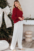 Burgundy Notched Neck Shirred Cuff Long Sleeve Blouse