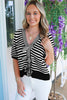 Black Stripe Short Sleeve Knit V Neck Bow Knot Sweater