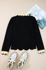 Black Scallop Trim Color Block Long Sleeve Collared Top