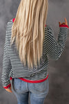 Fiery Red Contrast Trimmed Striped Drop Shoulder Sweater