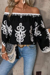 Black Tribal Printed Off Shoulder Loose Sleeve Blouse