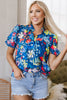 Blue Flower Print Collared V Neck Puff Short Sleeve Loose Blouse