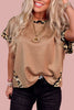 Light French Beige Leopard Trim Round Neck Loose T Shirt