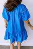 Blue Flower Embroidered Split Neck Short Puff Sleeve Ruffle Hem Dress