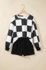 Red Checkerboard Plaid Long Sleeve Solid Color Shorts 2pcs Set
