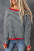 Fiery Red Contrast Trimmed Striped Drop Shoulder Sweater