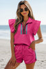 Strawberry Pink Striped Detail Flutter Sleeve Zipped Collar Short Set