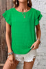 Dark Green Textured Ruffled Sleeve Round Neck Top