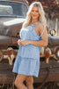 Beau Blue Bow Detail Spaghetti Straps Ruffle Hem Denim Short Dress