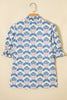 Sky Blue Floral Print Flounced Short Sleeve Contrast Trim V Neck Blouse